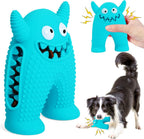 Monster rubber squeaky dog toy with treat slot in Blue