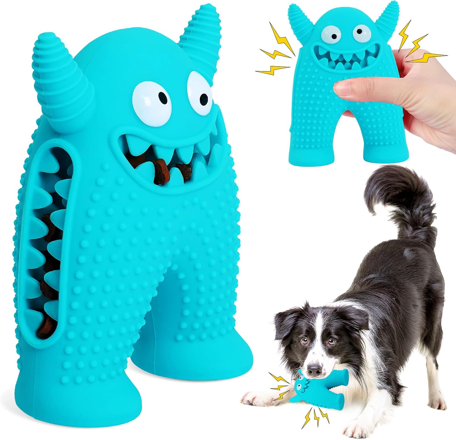 Monster rubber squeaky dog toy with treat slot in Blue