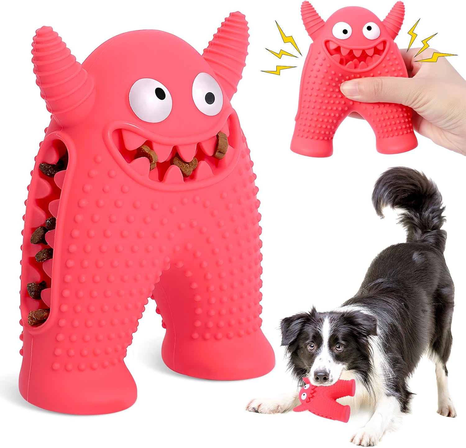 Monster rubber squeaky dog toy with treat slot in Red