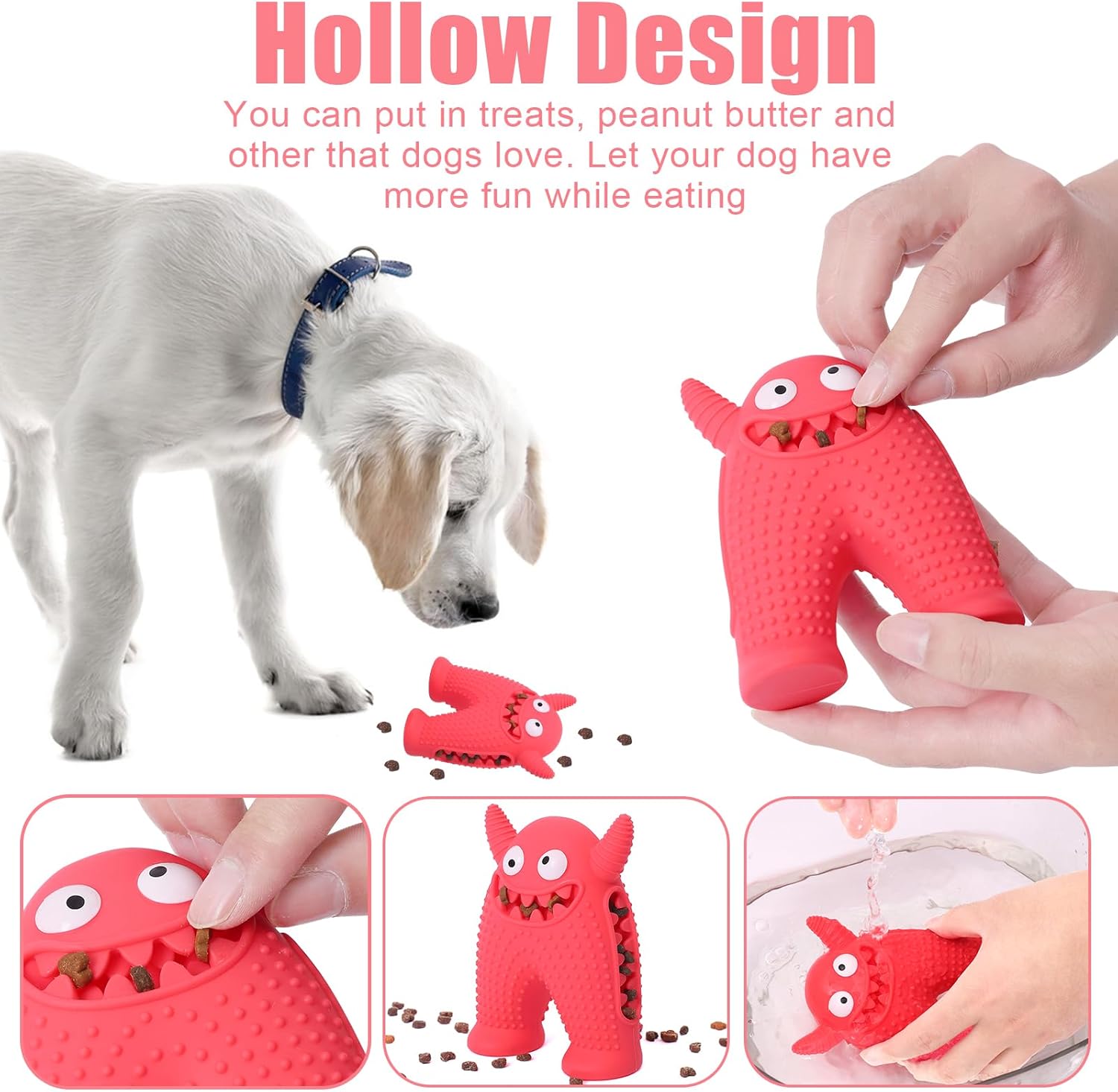 Monster rubber squeaky dog toy with treat slot — view 4