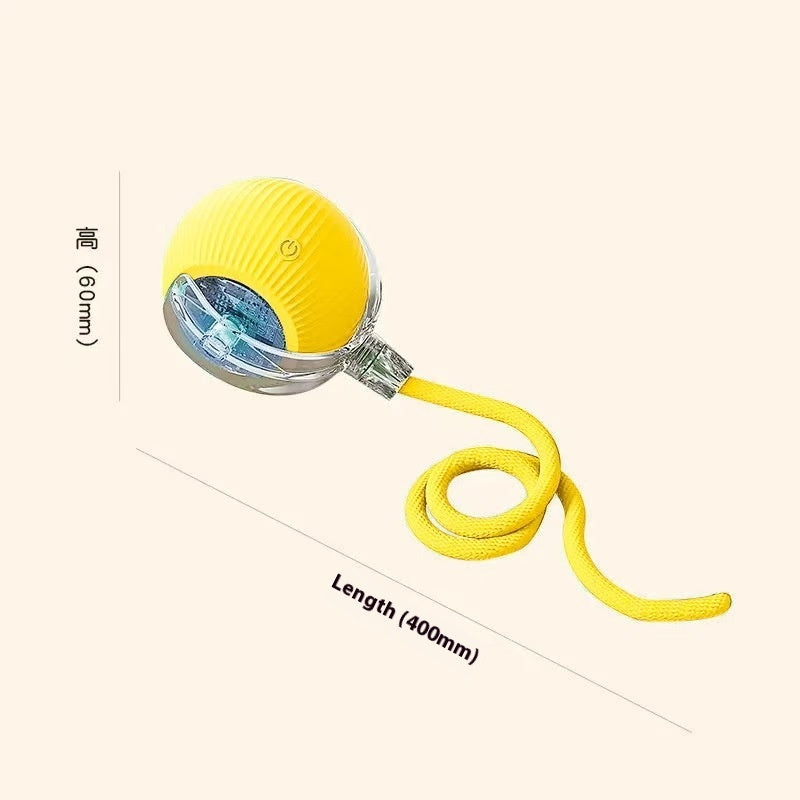 Electric self-rolling motion-activated cat ball toy in Yellow with rope