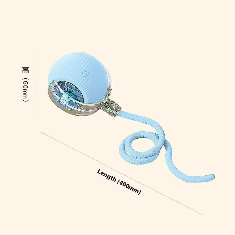 Electric self-rolling motion-activated cat ball toy in Blue with rope